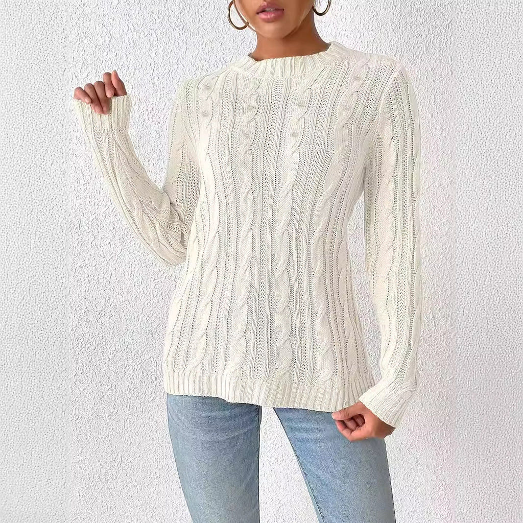 Women's Sweater Round Neck Pullover Simple Basic Pearl Beaded Knit Top