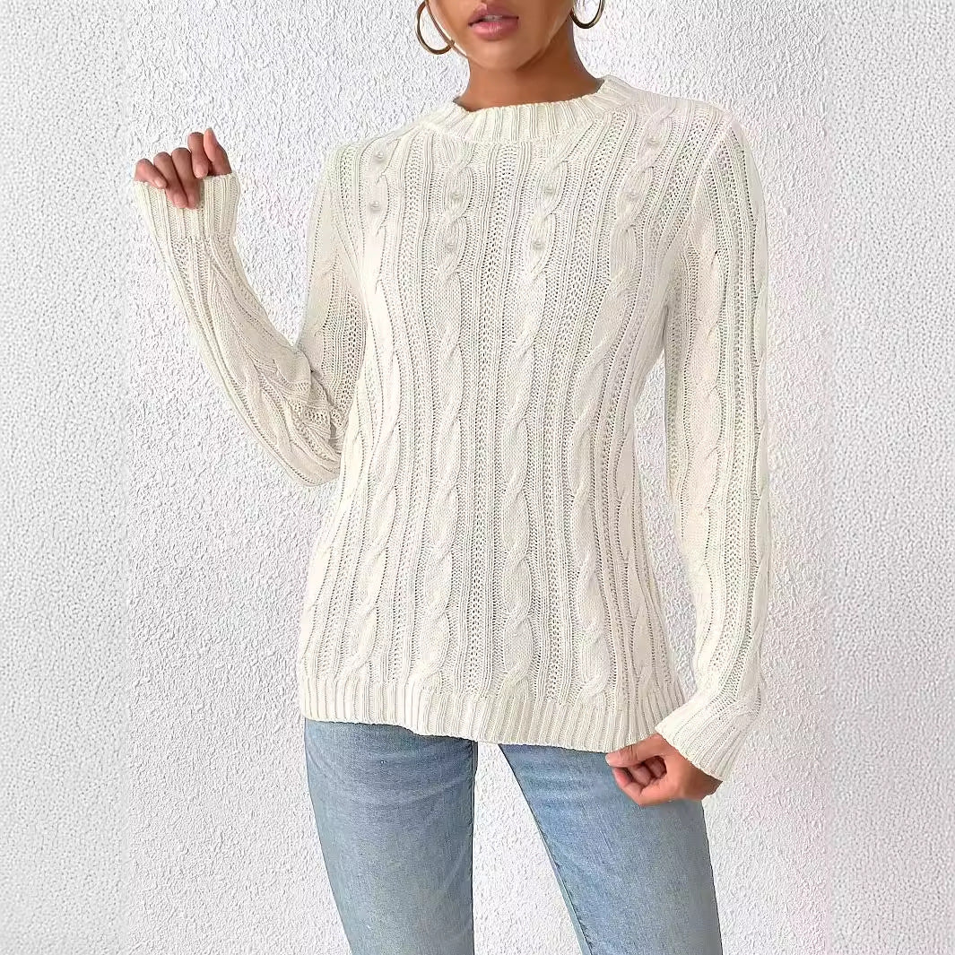 Women's Sweater Round Neck Pullover Simple Basic Pearl Beaded Knit Top