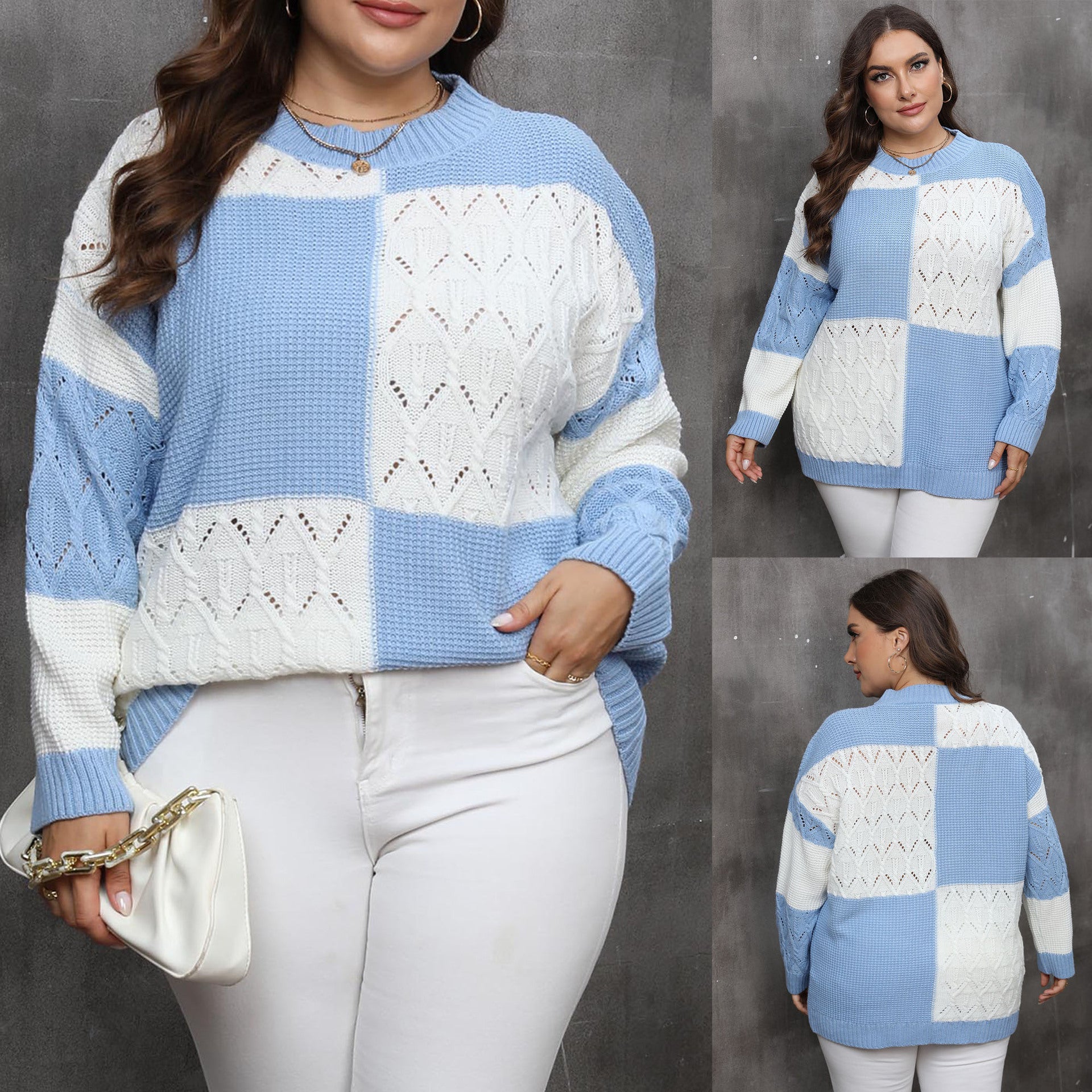 Women's Pullover Sweater with Color-blocked Patchwork Plaid Design
