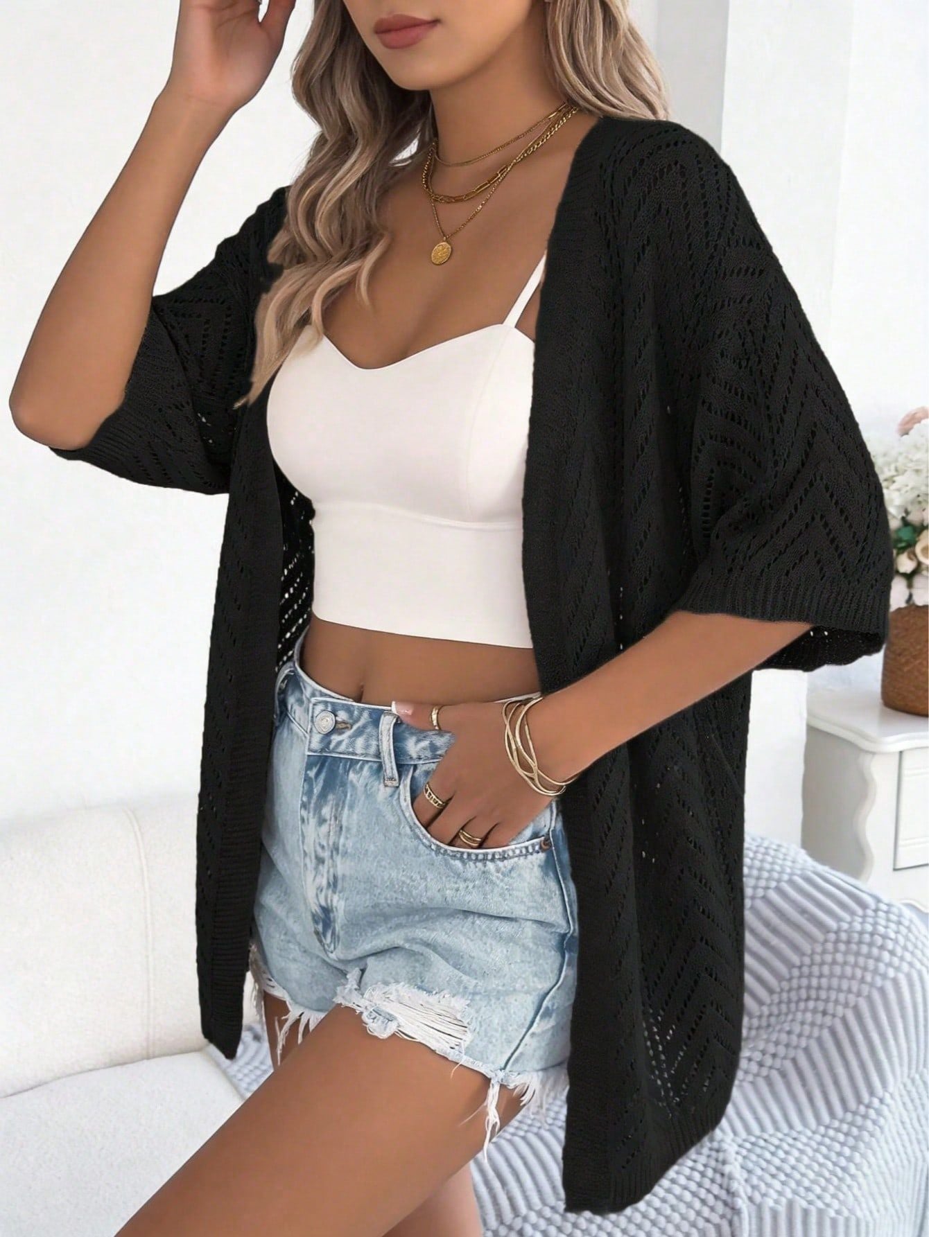 Elegant Summer Short Sleeve Cardigan Bohemian Lightweight Knit Cardigan Women's Clothing