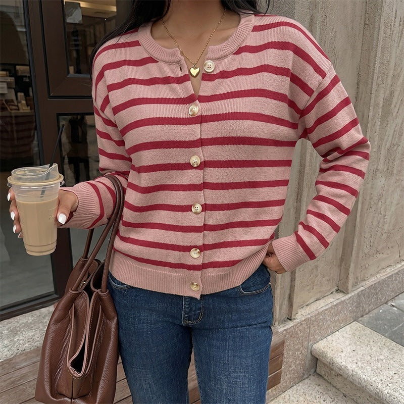 Cardigan loose striped round neck sweater