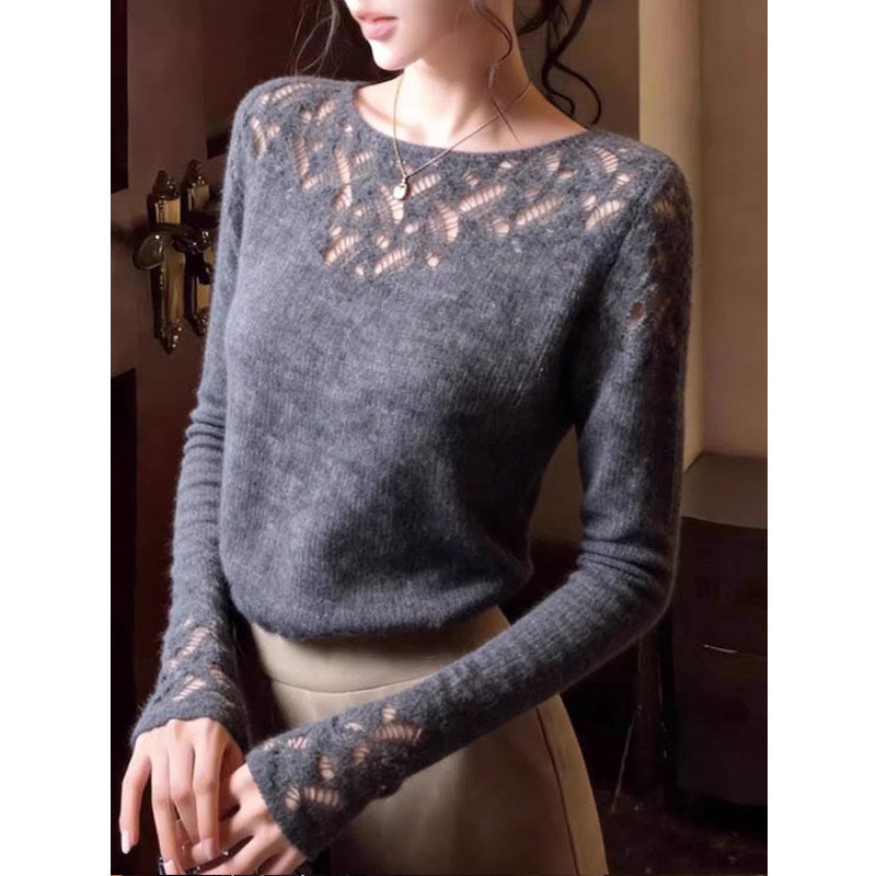 Hollow-out Mature Soft Knitwear Inner Layer Gentle Slimming Sweater Spring Lazy Skin-friendly Long Sleeve Top