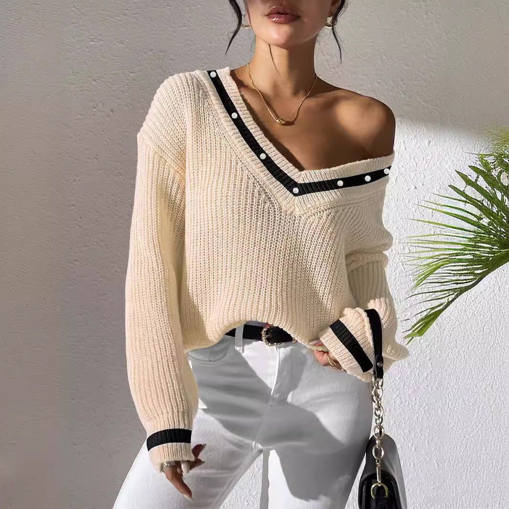 Women's Top Color-block Spliced V-neck Long Sleeve Knit Sweater Beaded Casual Layering Shirt