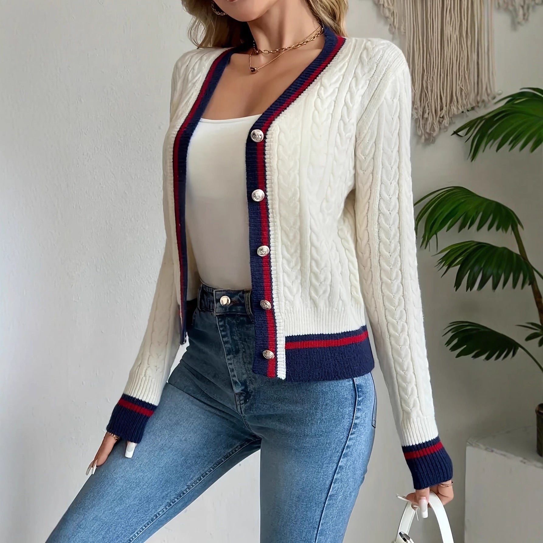 Autumn/Winter Women's V-Neck Color-Block  Button Knit Cardigan Elegant Knit Sweater
