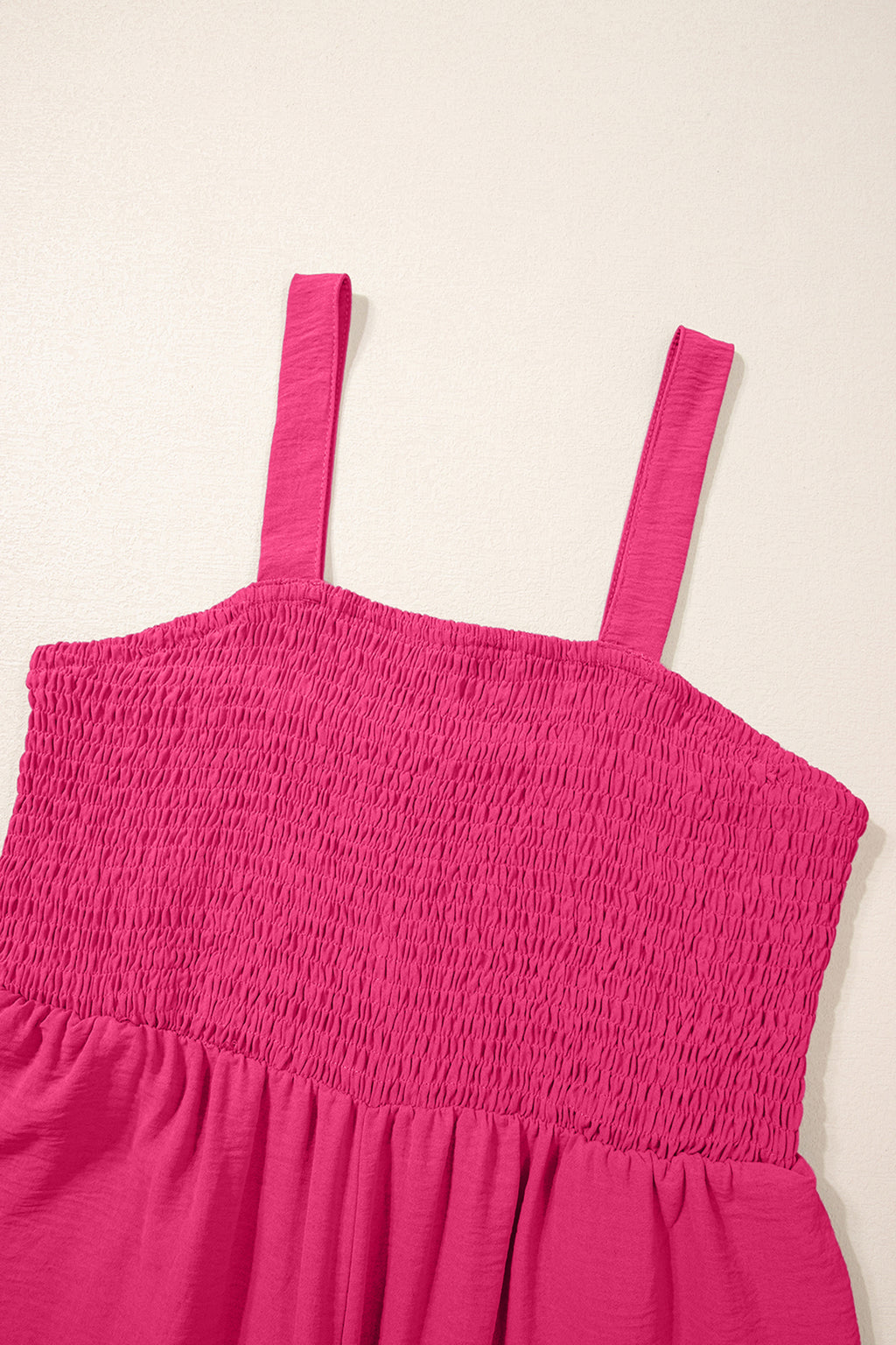 Rose Red Smocked Square Neck Sleeveless Jumpsuit with Pockets