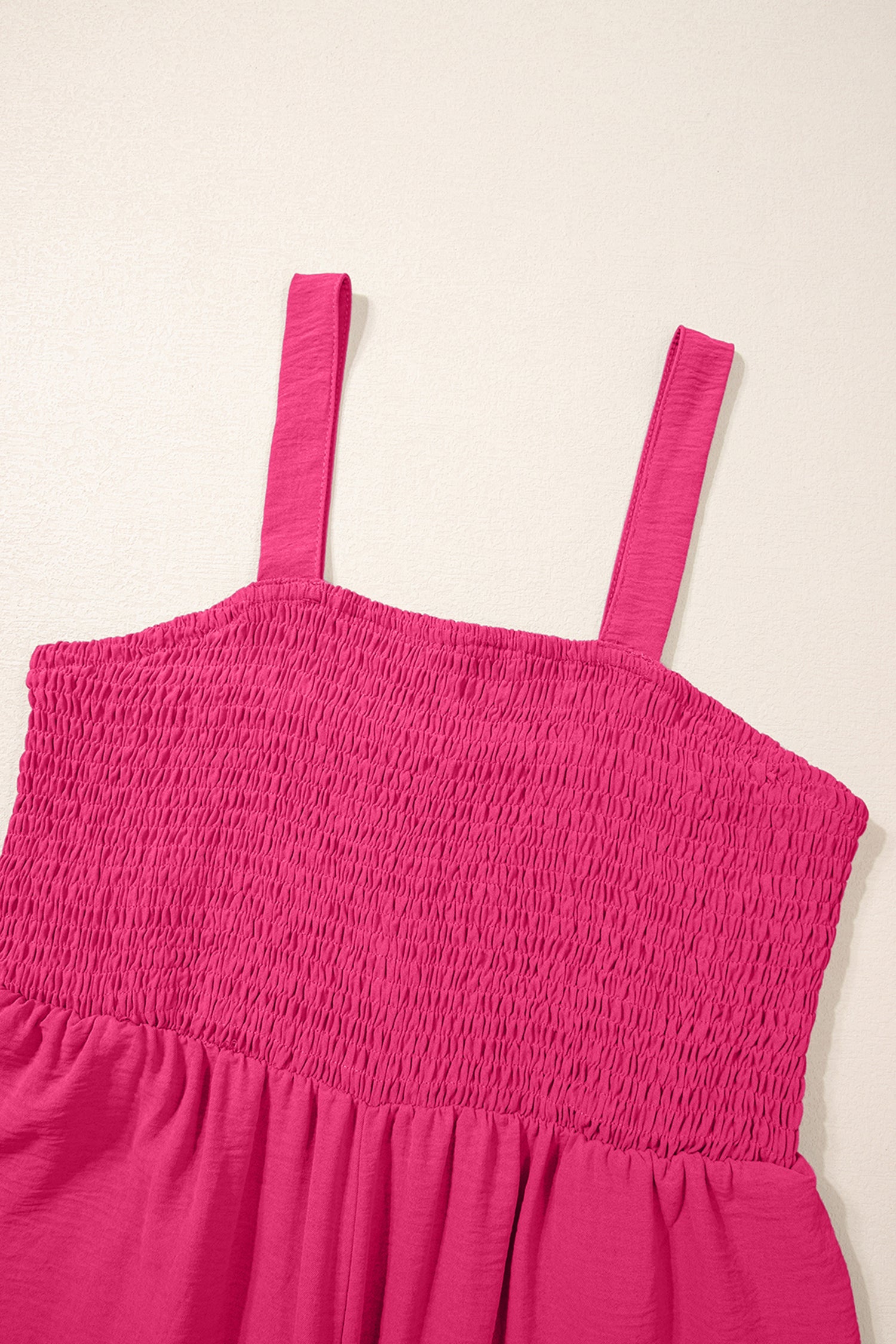 Rose Red Smocked Square Neck Sleeveless Jumpsuit with Pockets