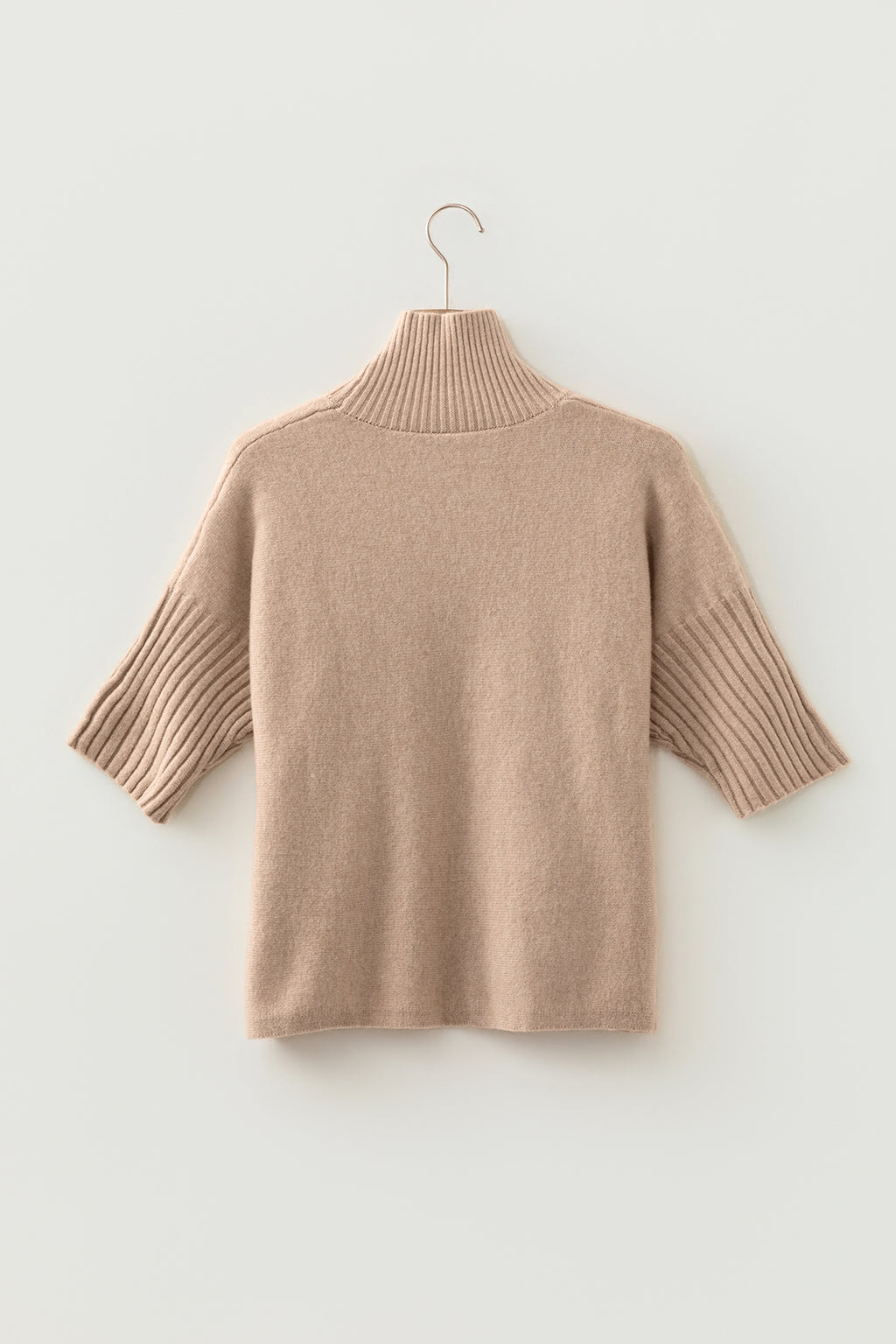Beige Ribbed Trim High Neck Short Sleeve Casual Sweater