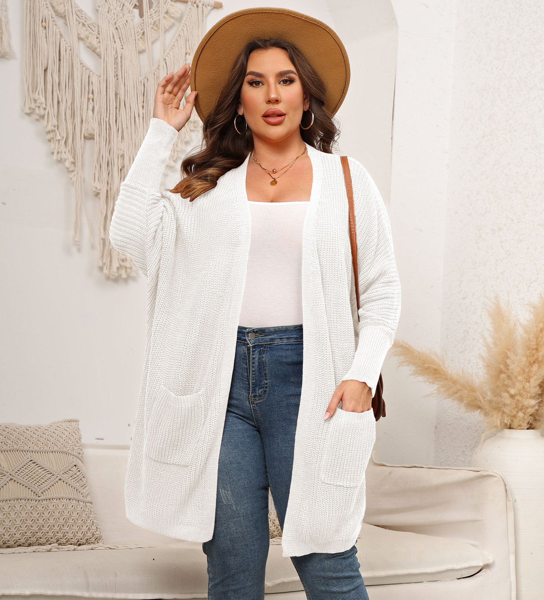 Women's Open Front Knit Cardigan, Oversized Batwing Sleeve Sweater with Two Large Pockets