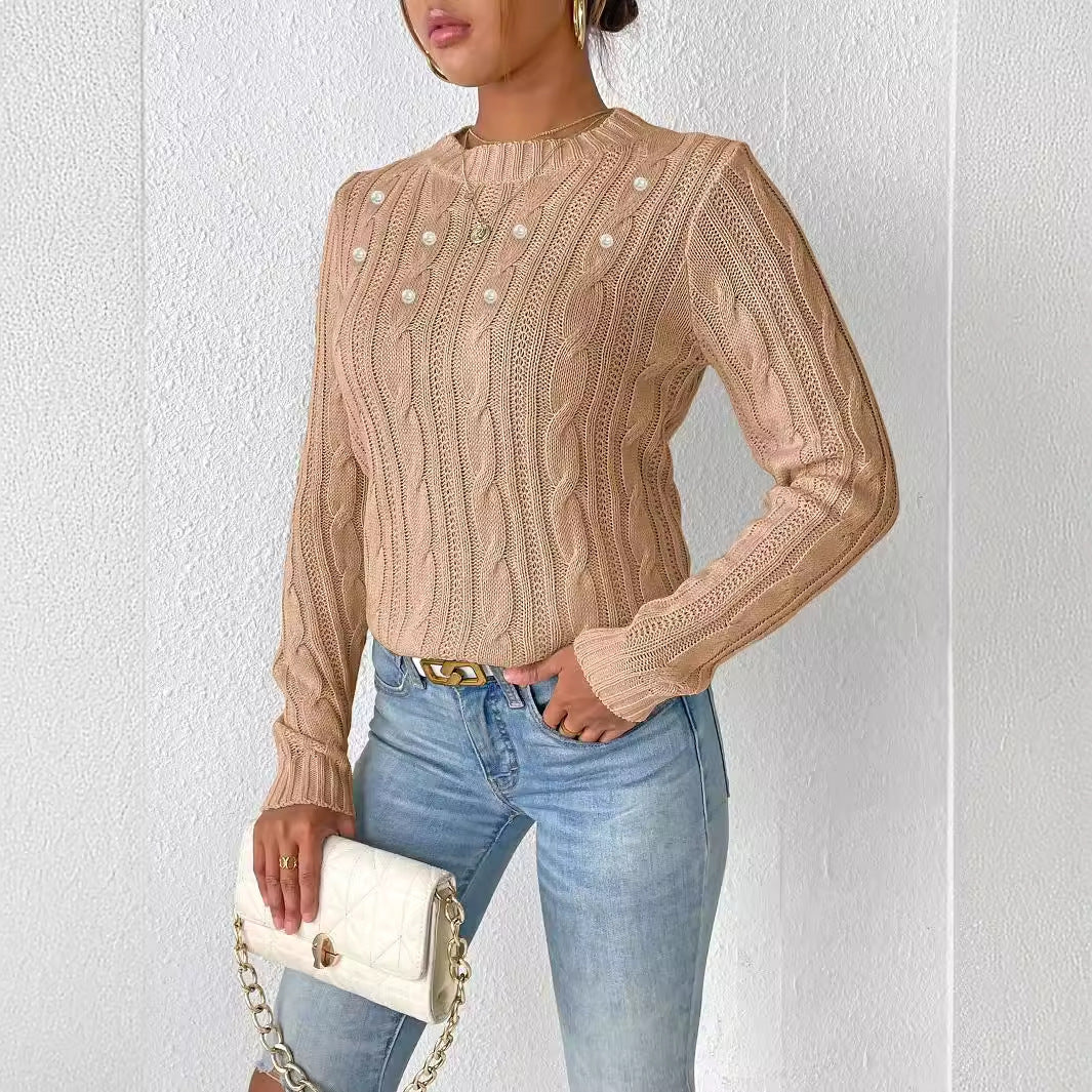 Women's Sweater Round Neck Pullover Simple Basic Pearl Beaded Knit Top