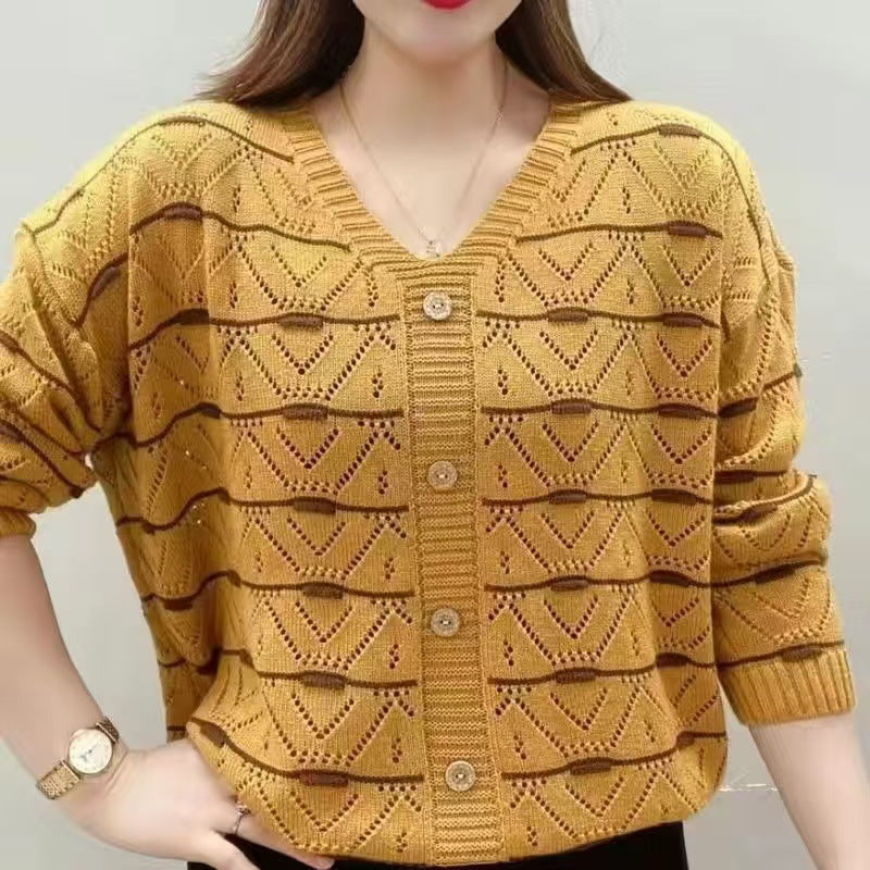 Design Sense Small Batch Hollow Out V-Neck Knit Sweater Women Autumn Winter Loose Plus Size Slimming Bodycon Long Sleeve Base Layer Sweater