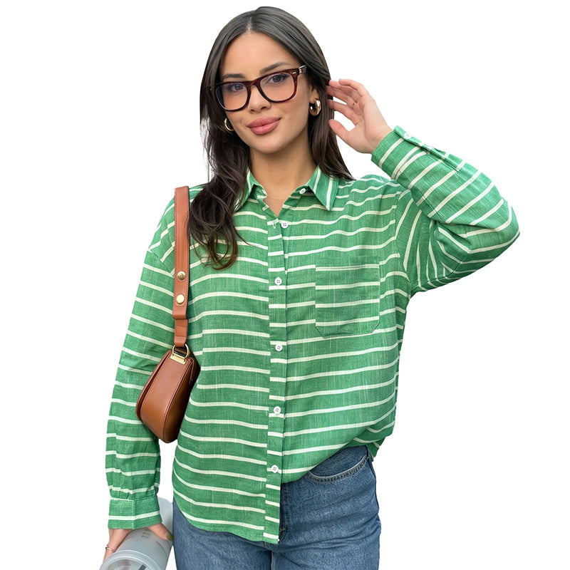 Single breasted lapel striped loose shirt