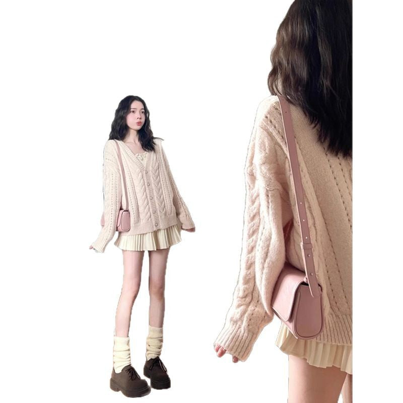 Pink Cable Knit V-Neck Sweater Coat for Women, Autumn and Spring, Loose Fit, Long Sleeve, Knitted Cardigan, Chic Fashion Top