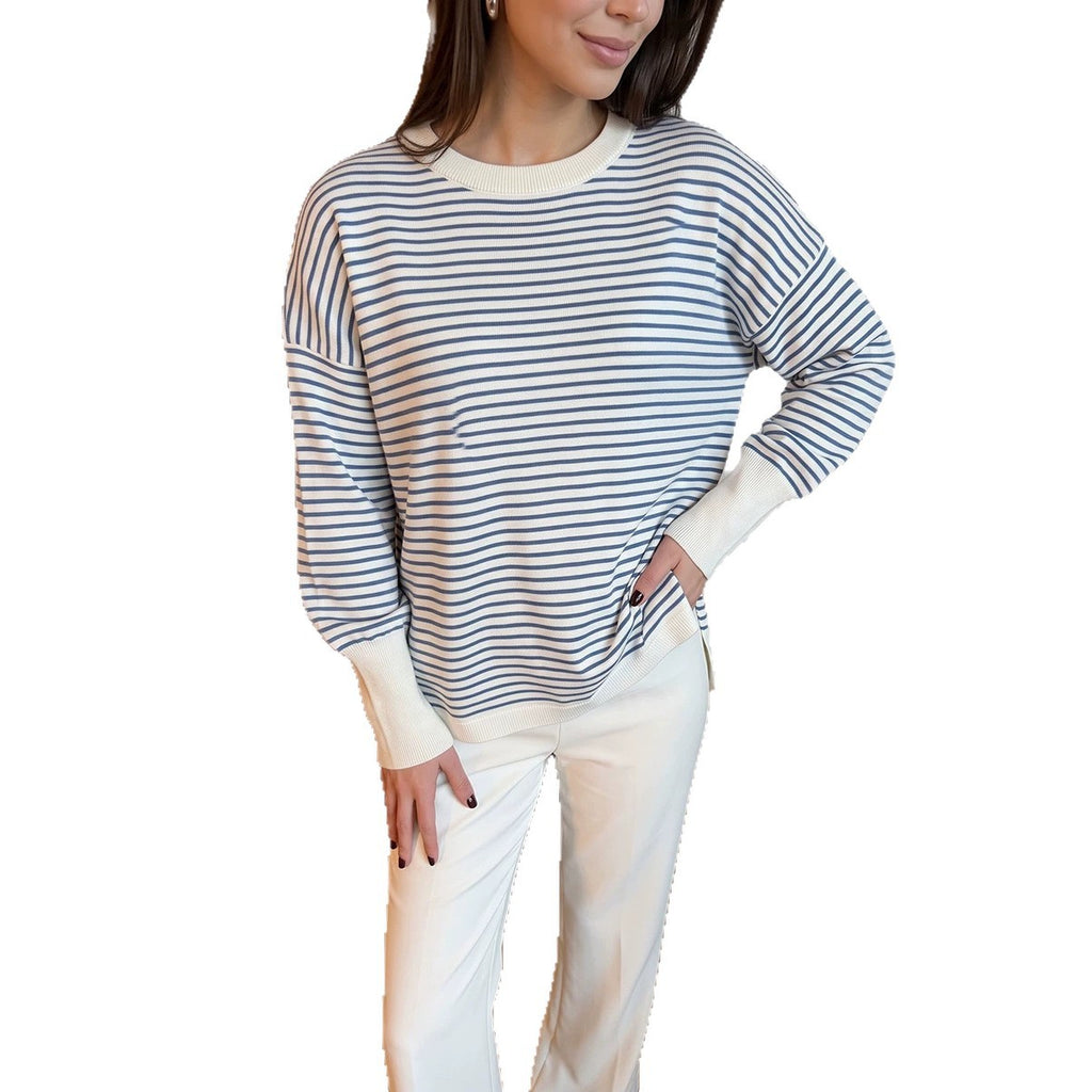 high-end striped sweater for women, loose lazy style chic crewneck top