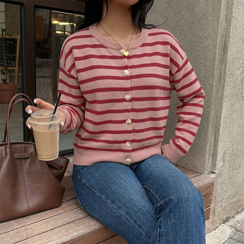 Cardigan loose striped round neck sweater