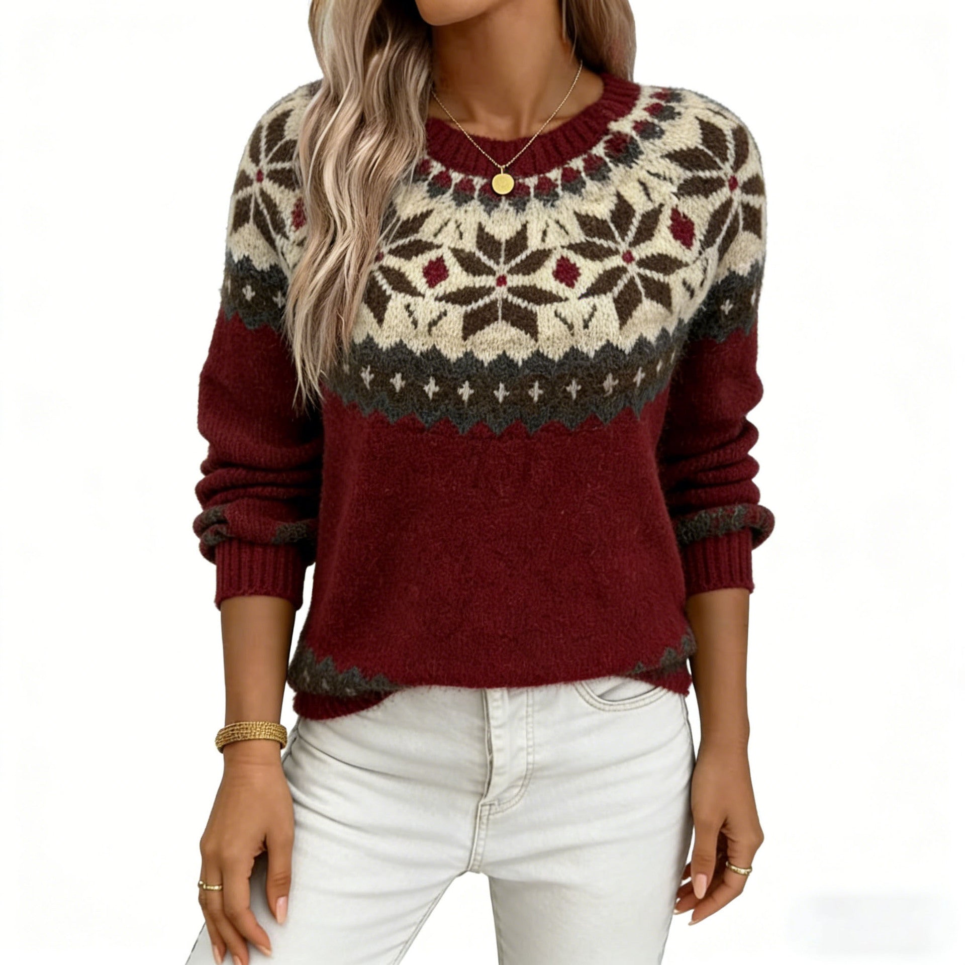 Jacquard Sweater for Women, Autumn/Winter, Round Neck, Pullover Knitwear, Loose Fit, Slimming, Casual Sweater