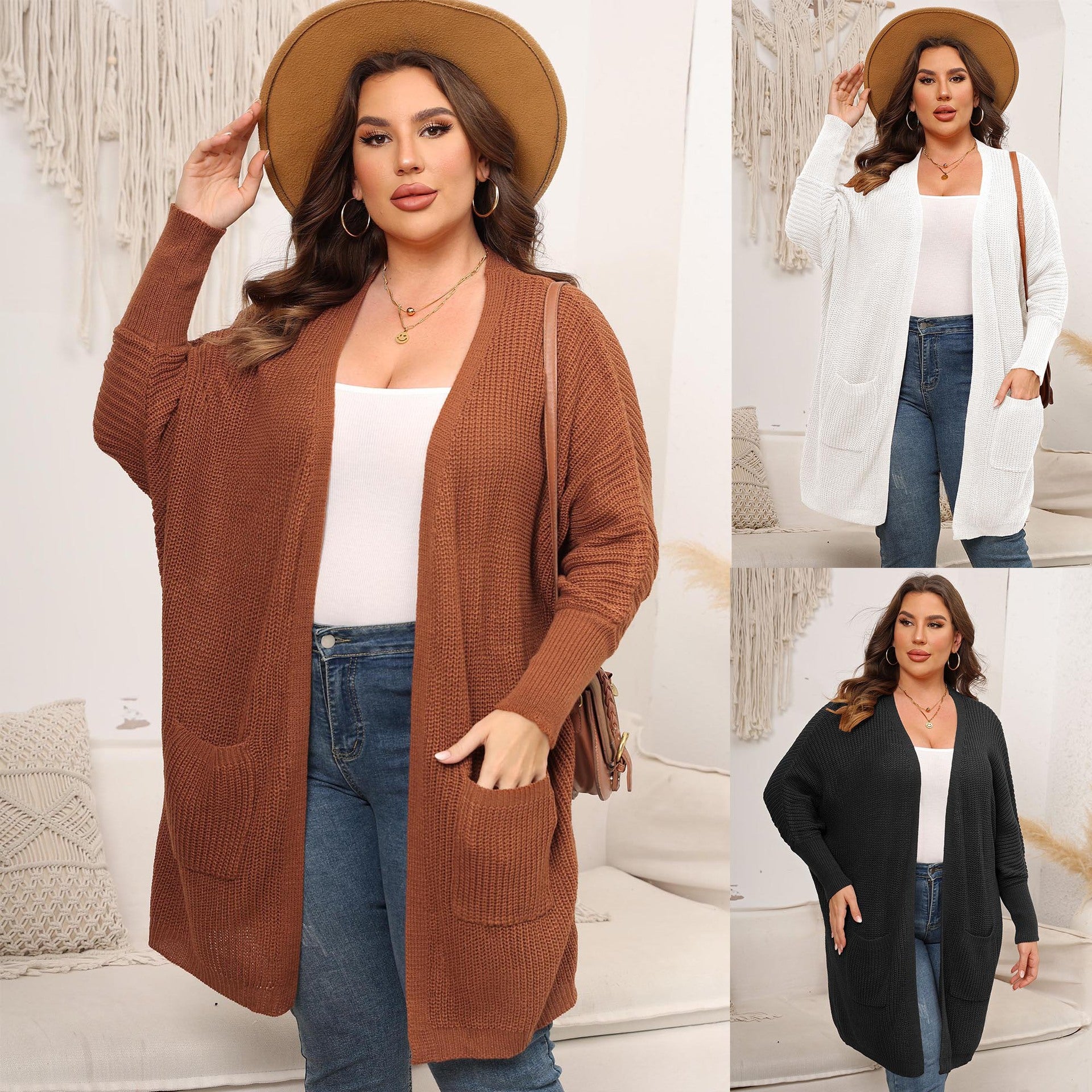 Women's Open Front Knit Cardigan, Oversized Batwing Sleeve Sweater with Two Large Pockets