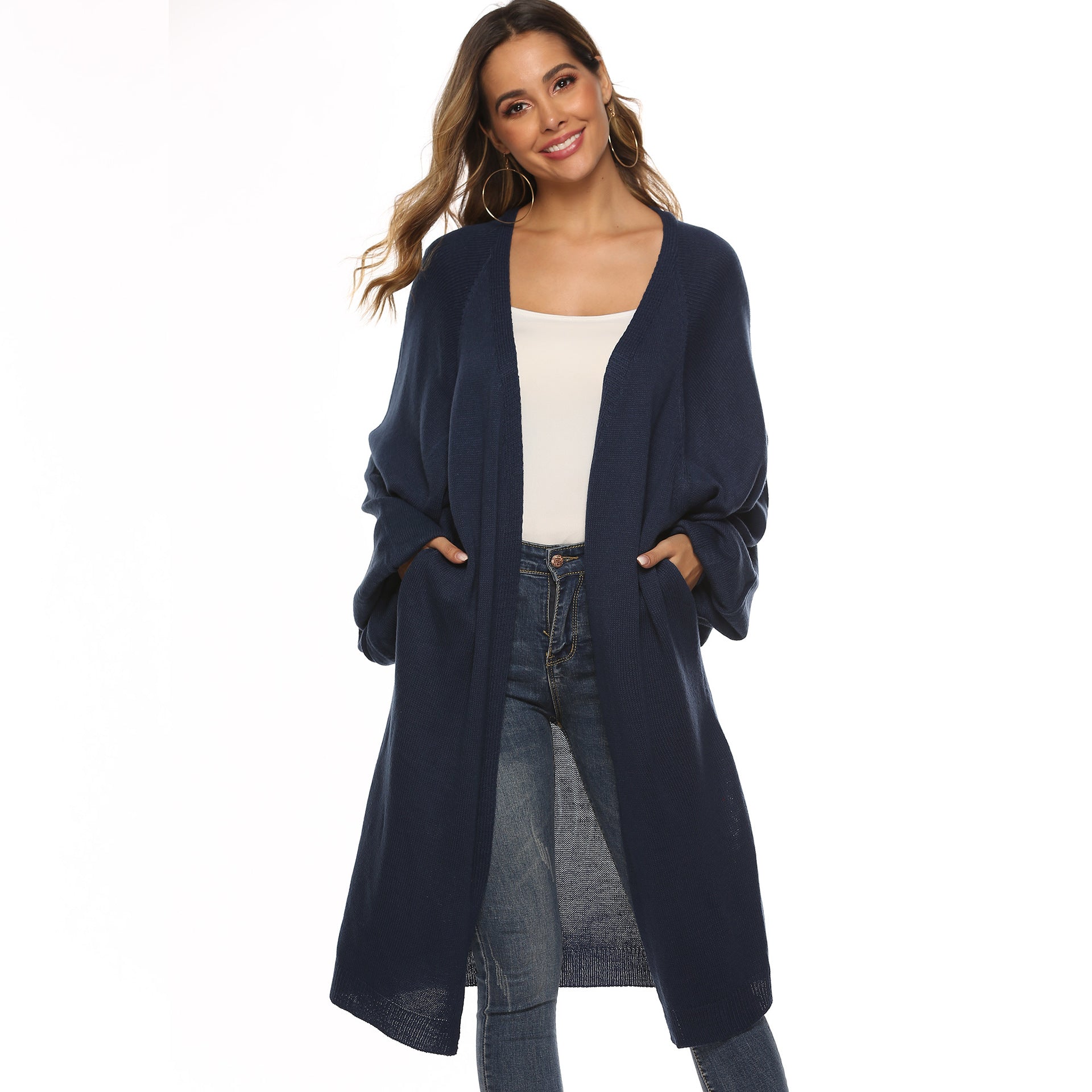 Long Sleeve Oversized Batwing Sleeve Loose Mid-Length Knit Sweater Cardigan
