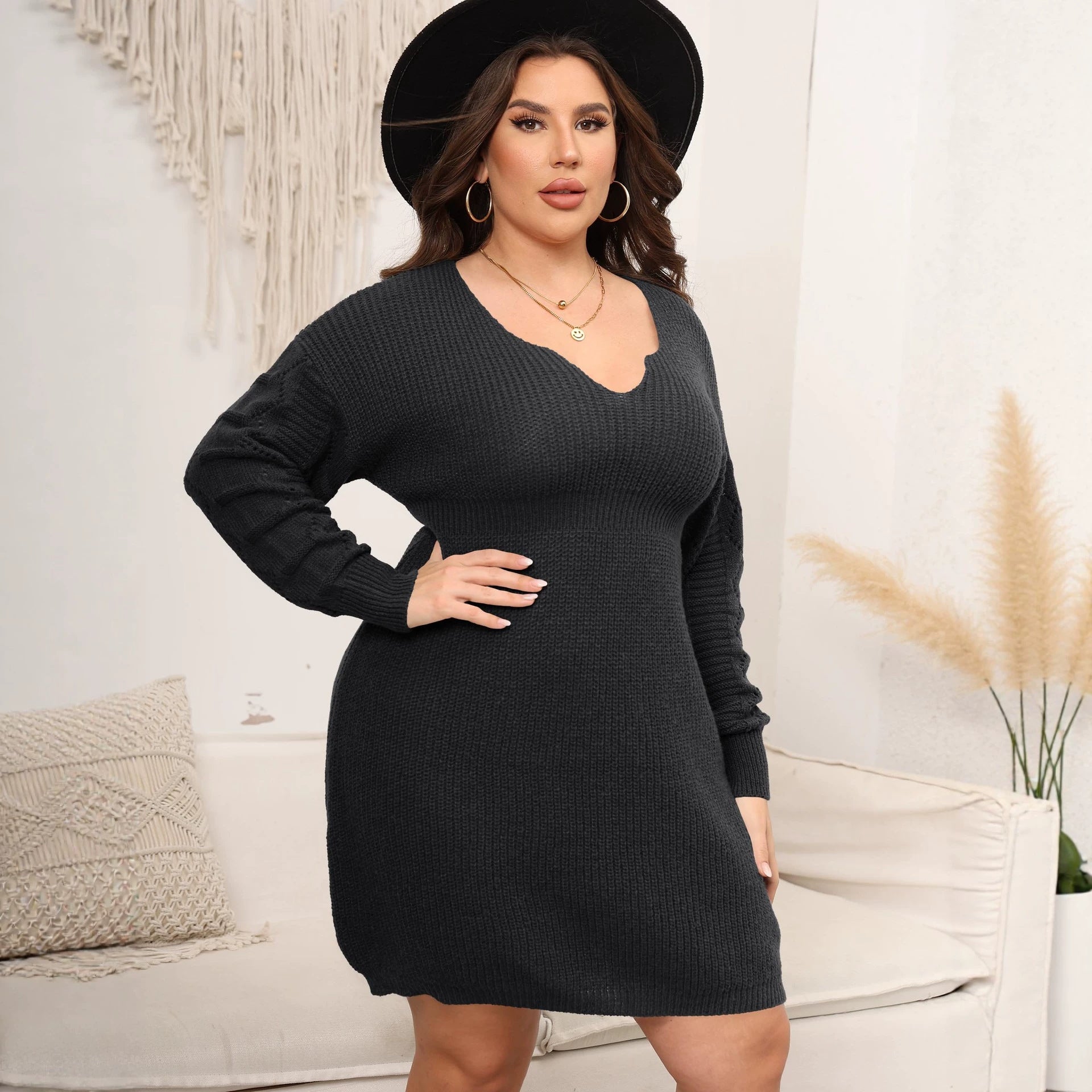 V-neck woven knit dress, fitted waist base layer dress, women's dress