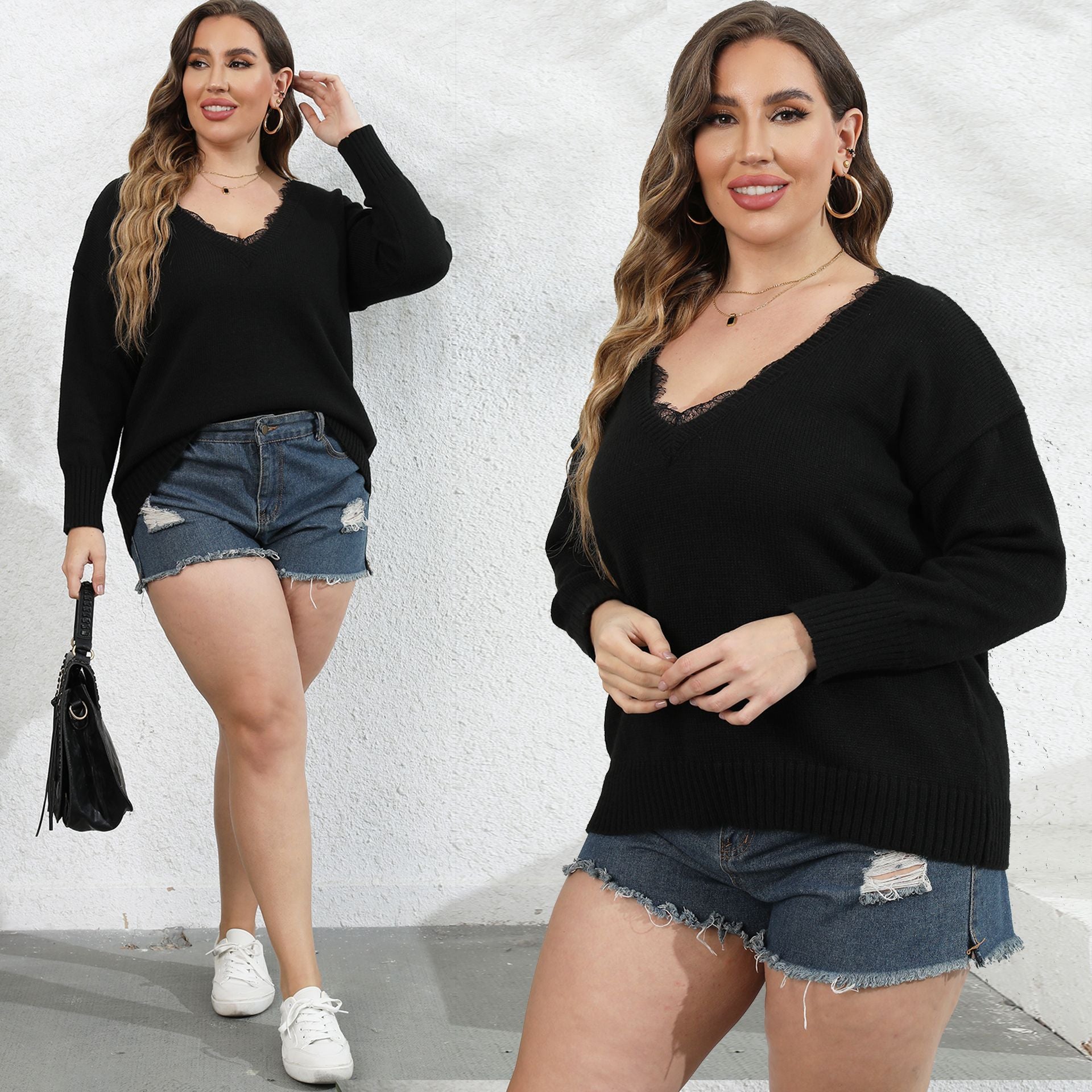 Women's Knitwear with Lace Patchwork V-Neck Pullover, Oversized Western Style Sweater