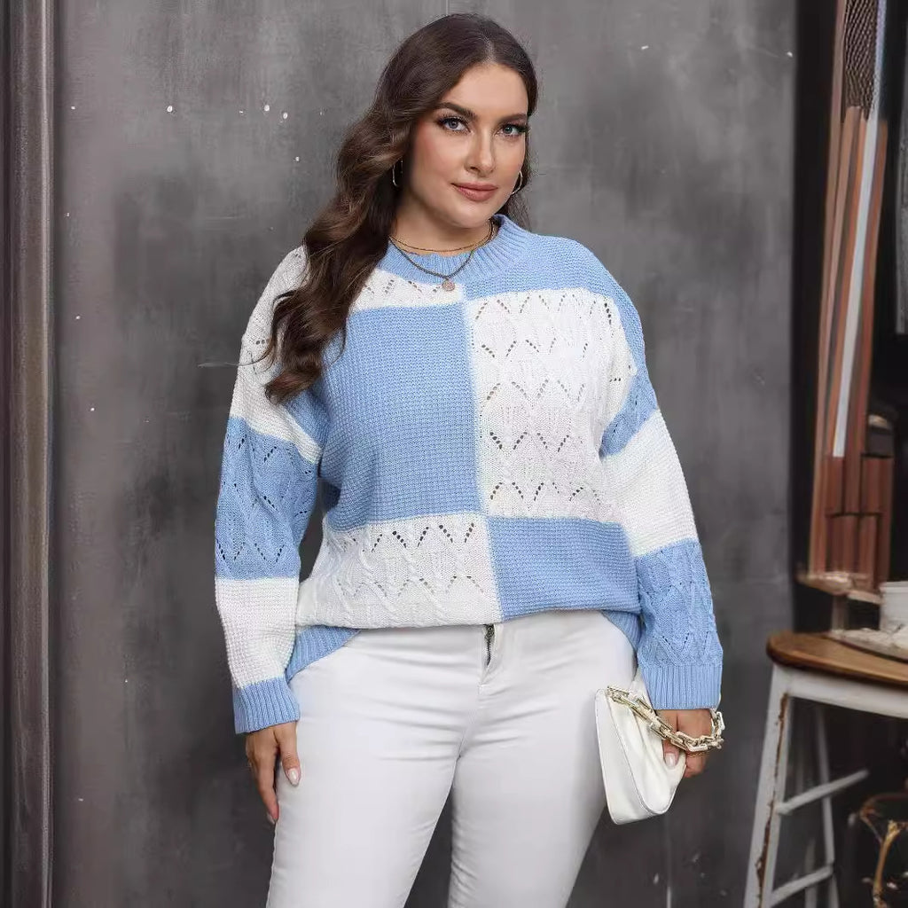 Women's Pullover Sweater with Color-blocked Patchwork Plaid Design