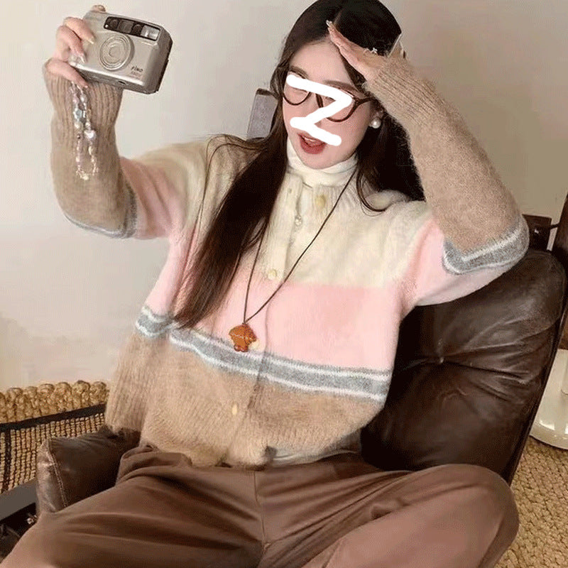 Striped Color-Blocked Mohair Knit Cardigan for Women, Sweet Soft Versatile Youthful Outerwear Top