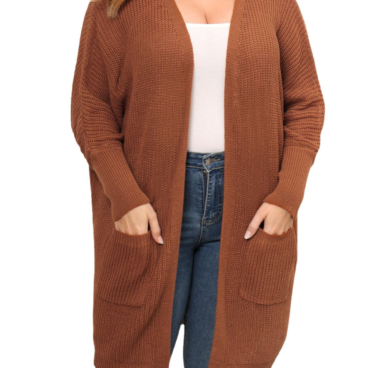 Women's Open Front Knit Cardigan, Oversized Batwing Sleeve Sweater with Two Large Pockets