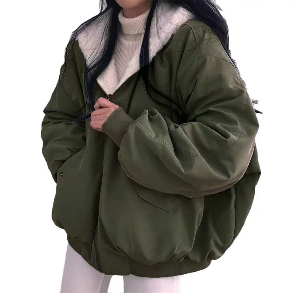 Fleece Lined Reversible Shearling Cotton Coat Women's Outerwear Winter Zipper Hooded Cotton Jacket Top