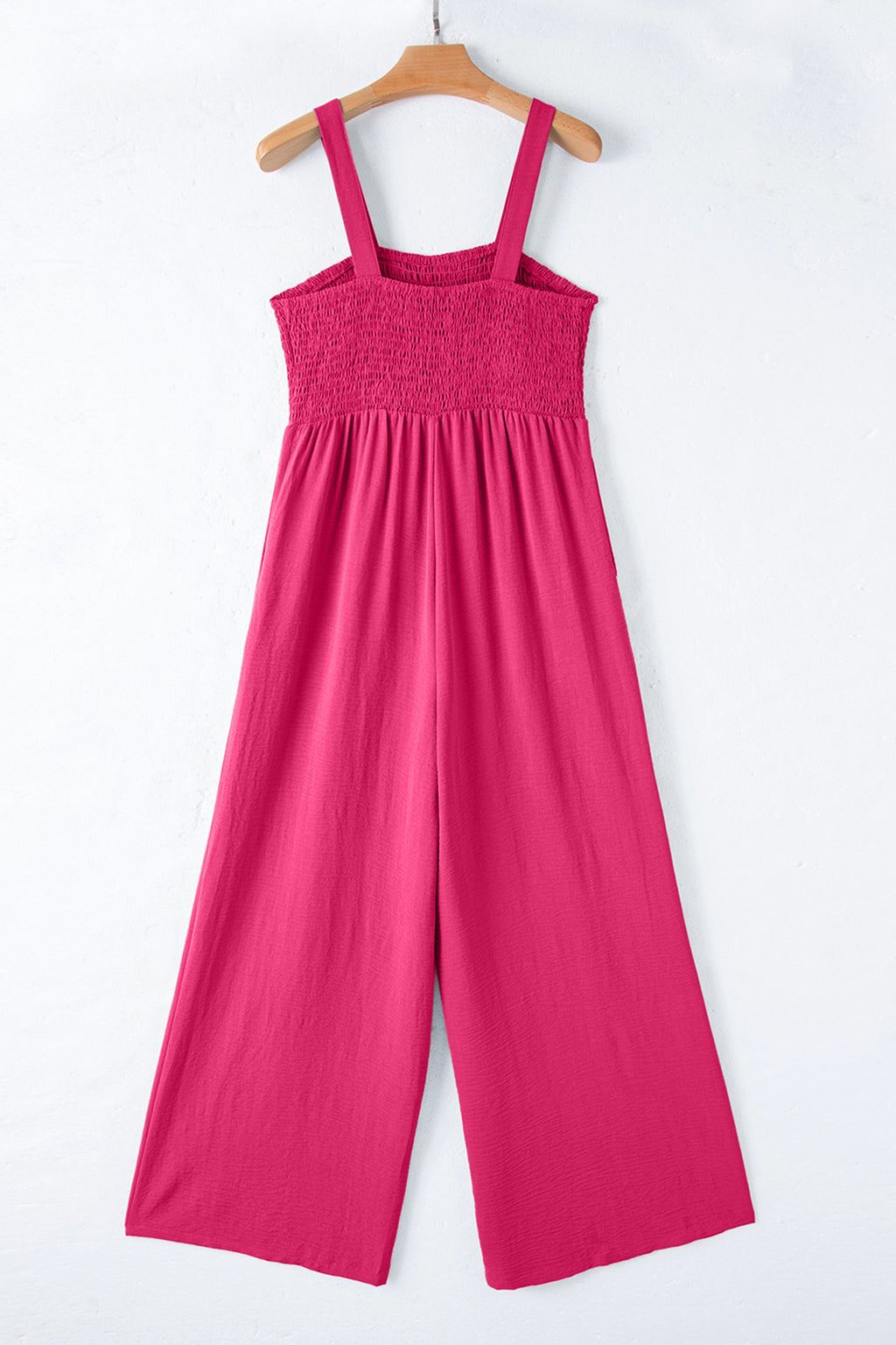 Rose Red Smocked Square Neck Sleeveless Jumpsuit with Pockets