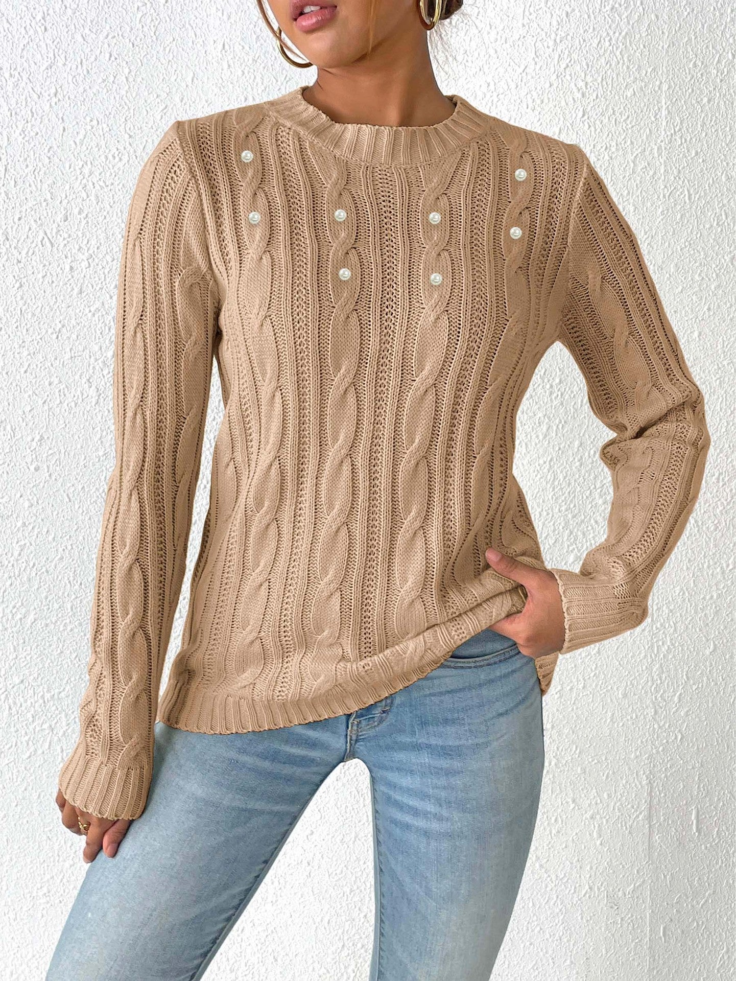 Women's Sweater Round Neck Pullover Simple Basic Pearl Beaded Knit Top