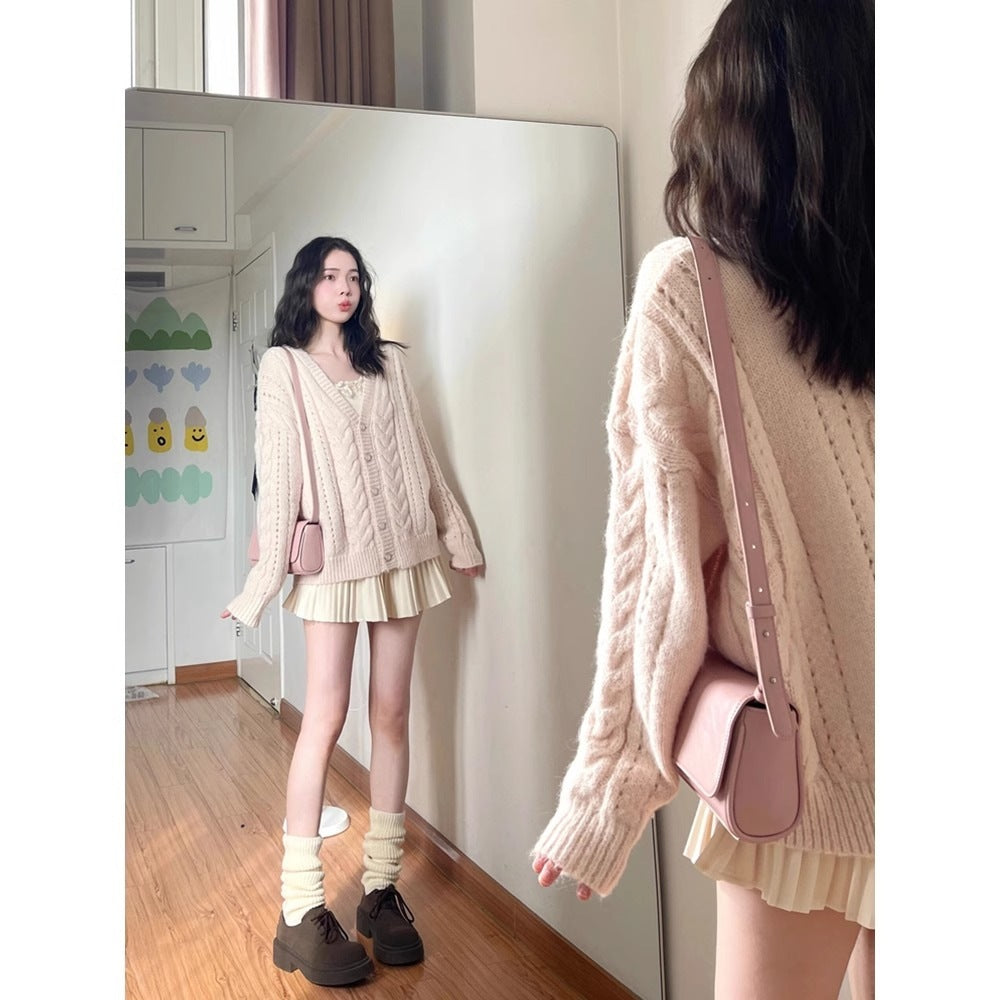 Pink Cable Knit V-Neck Sweater Coat for Women, Autumn and Spring, Loose Fit, Long Sleeve, Knitted Cardigan, Chic Fashion Top