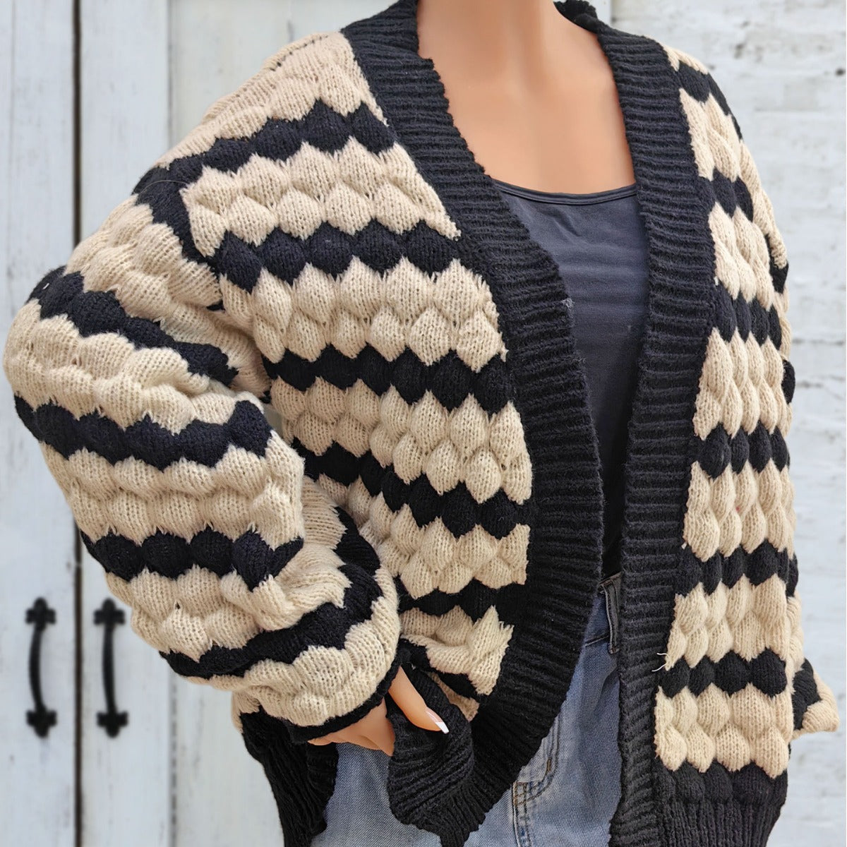 Ladies' Knit Cardigan Coat,Color-blocked Pineapple 3D Pattern Striped Knit Open Front Sweater