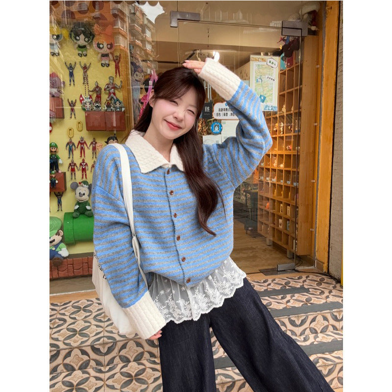 Chic Stripe Turn-Down Collar Knit Cardigan for Women, Loose Casual Polo Neck Sweater Coat, Autumn Style