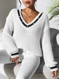 Women's Top Color-block Spliced V-neck Long Sleeve Knit Sweater Beaded Casual Layering Shirt