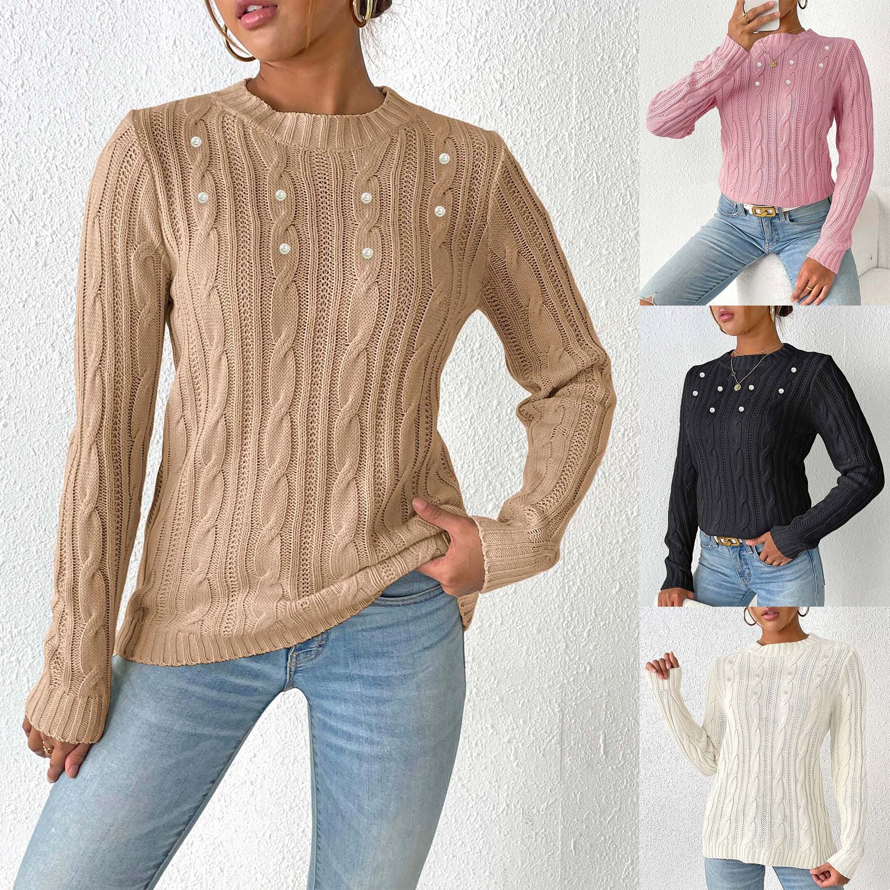 Women's Sweater Round Neck Pullover Simple Basic Pearl Beaded Knit Top