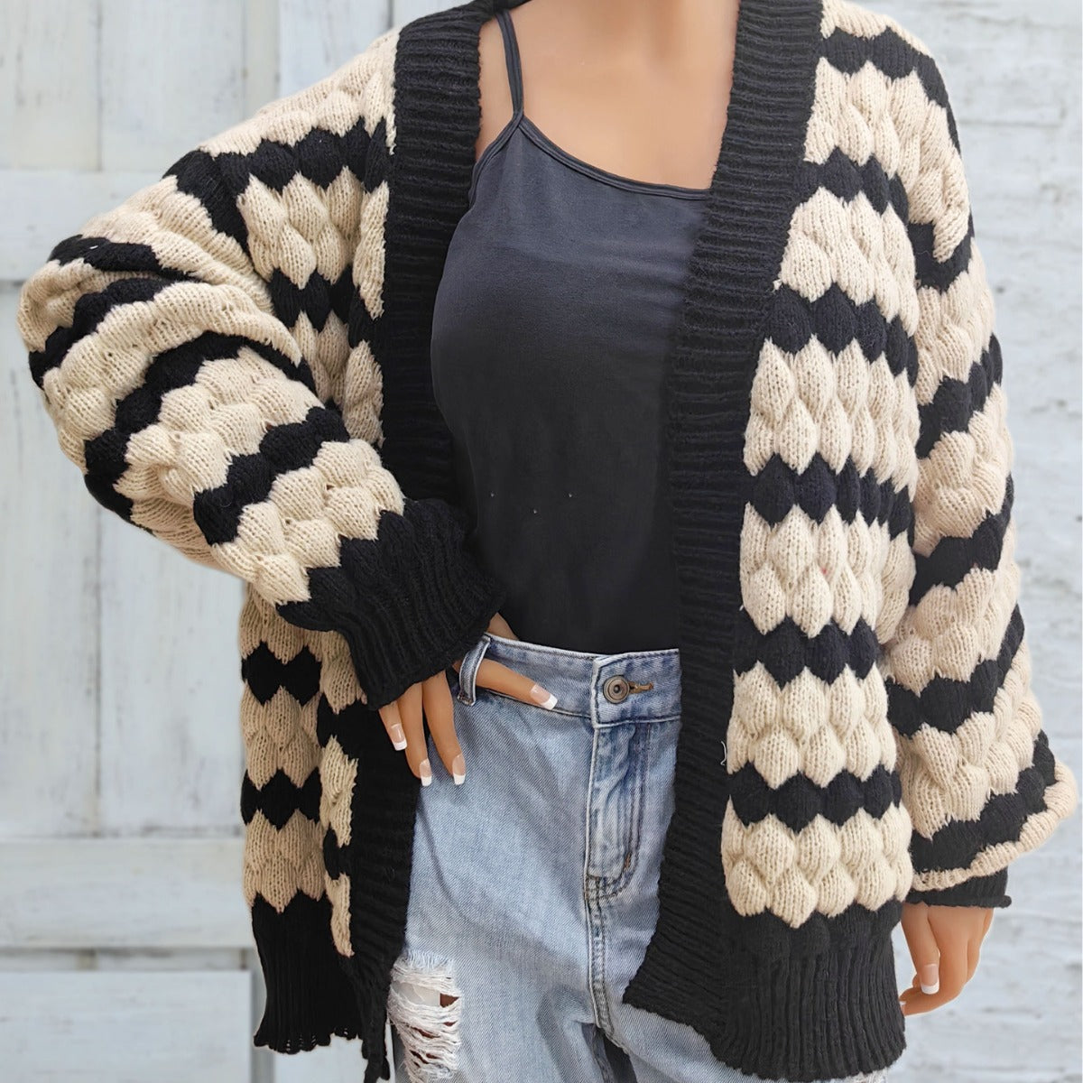 Ladies' Knit Cardigan Coat,Color-blocked Pineapple 3D Pattern Striped Knit Open Front Sweater