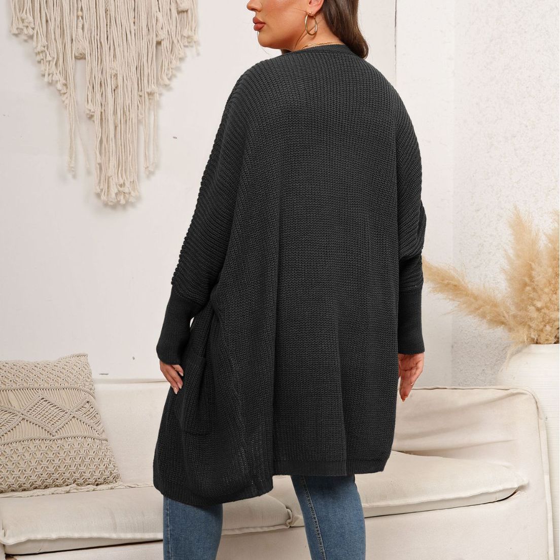Women's Open Front Knit Cardigan, Oversized Batwing Sleeve Sweater with Two Large Pockets