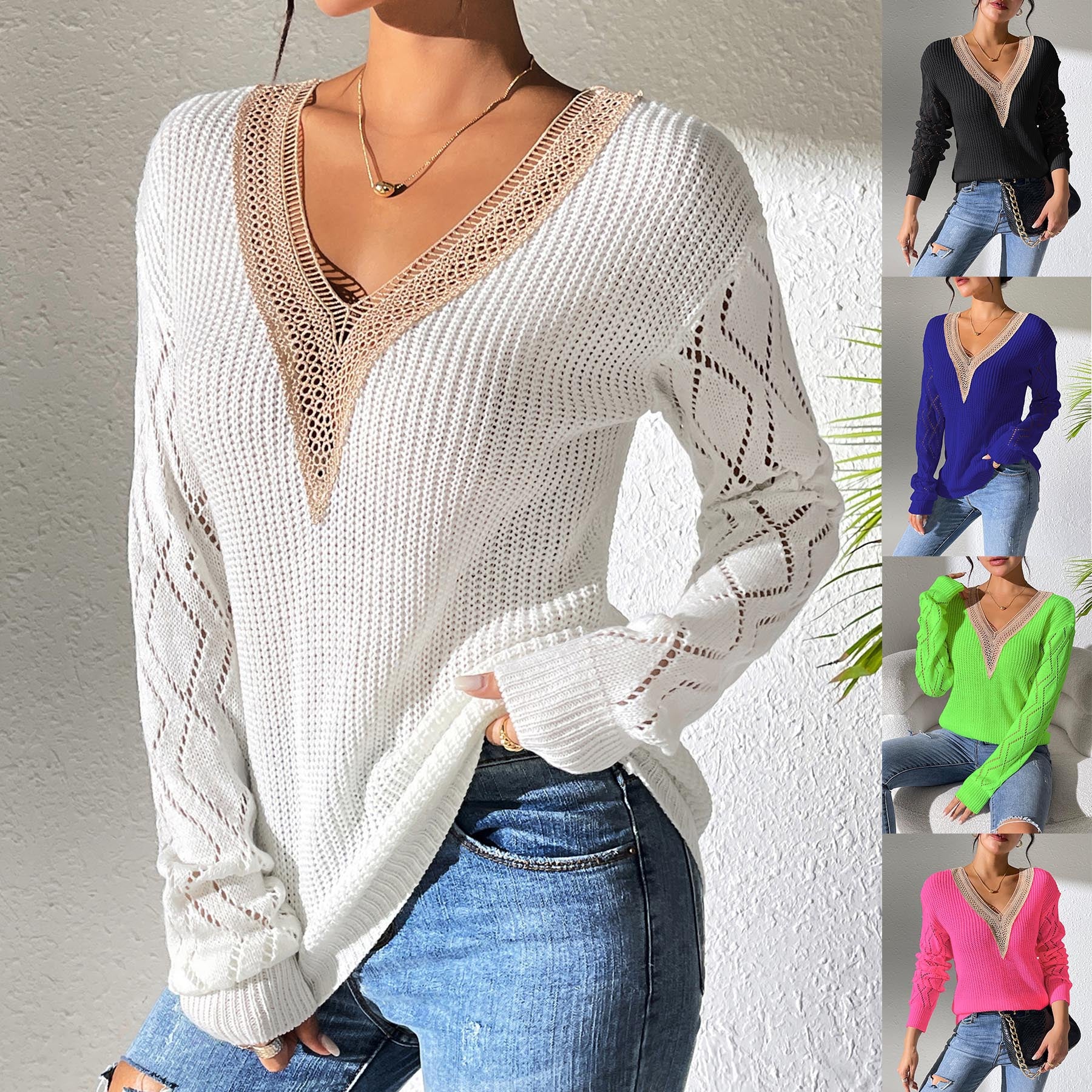 Women's Top Lace V-Neck Color-block Knit Sweater Casual Basic
