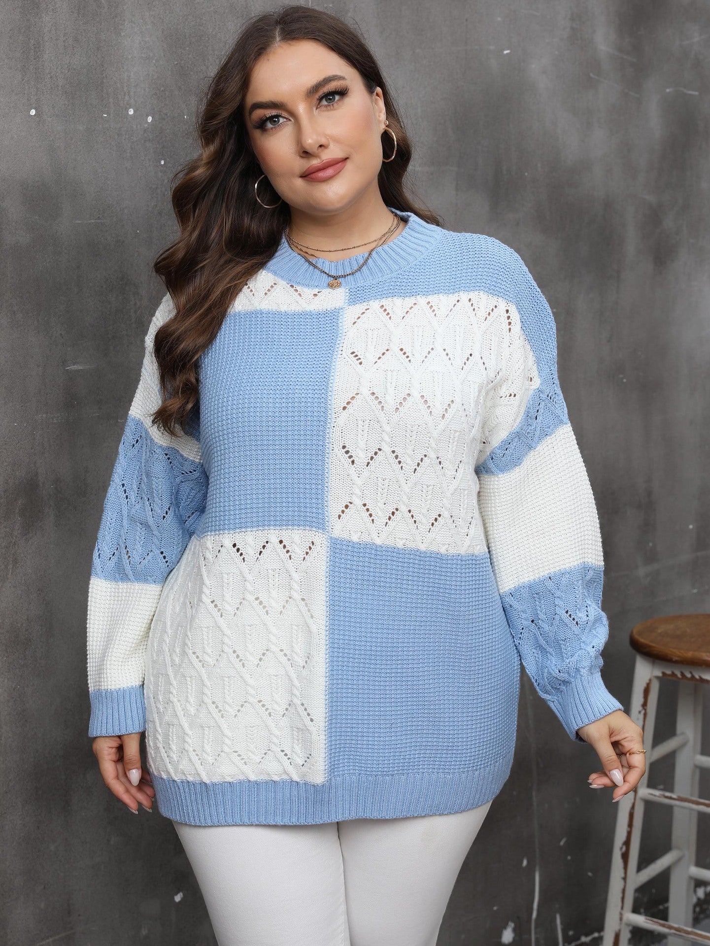 Women's Pullover Sweater with Color-blocked Patchwork Plaid Design