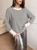 high-end striped sweater for women, loose lazy style chic crewneck top