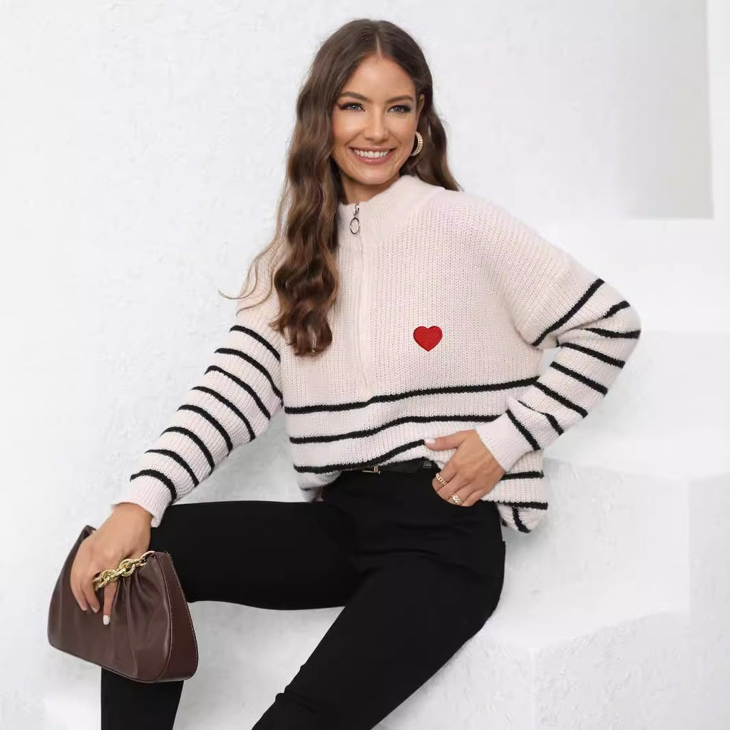 Lady Knit Sweater Machine-knitted Stripe Splicing Half-high Collar Zipper Loose Top Sweater