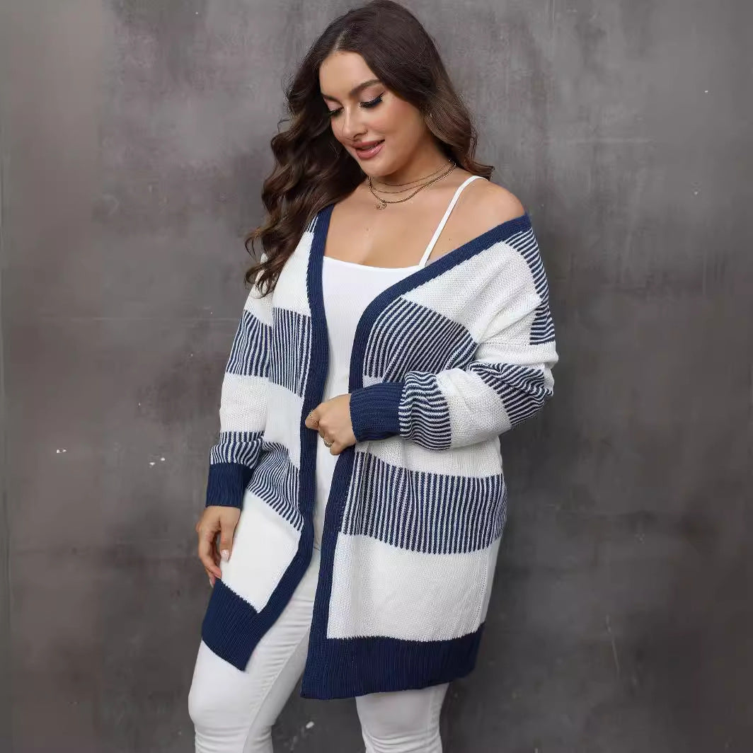 Women's Plus Size Women's Color-block Striped Knitted Casual Sweater Coat