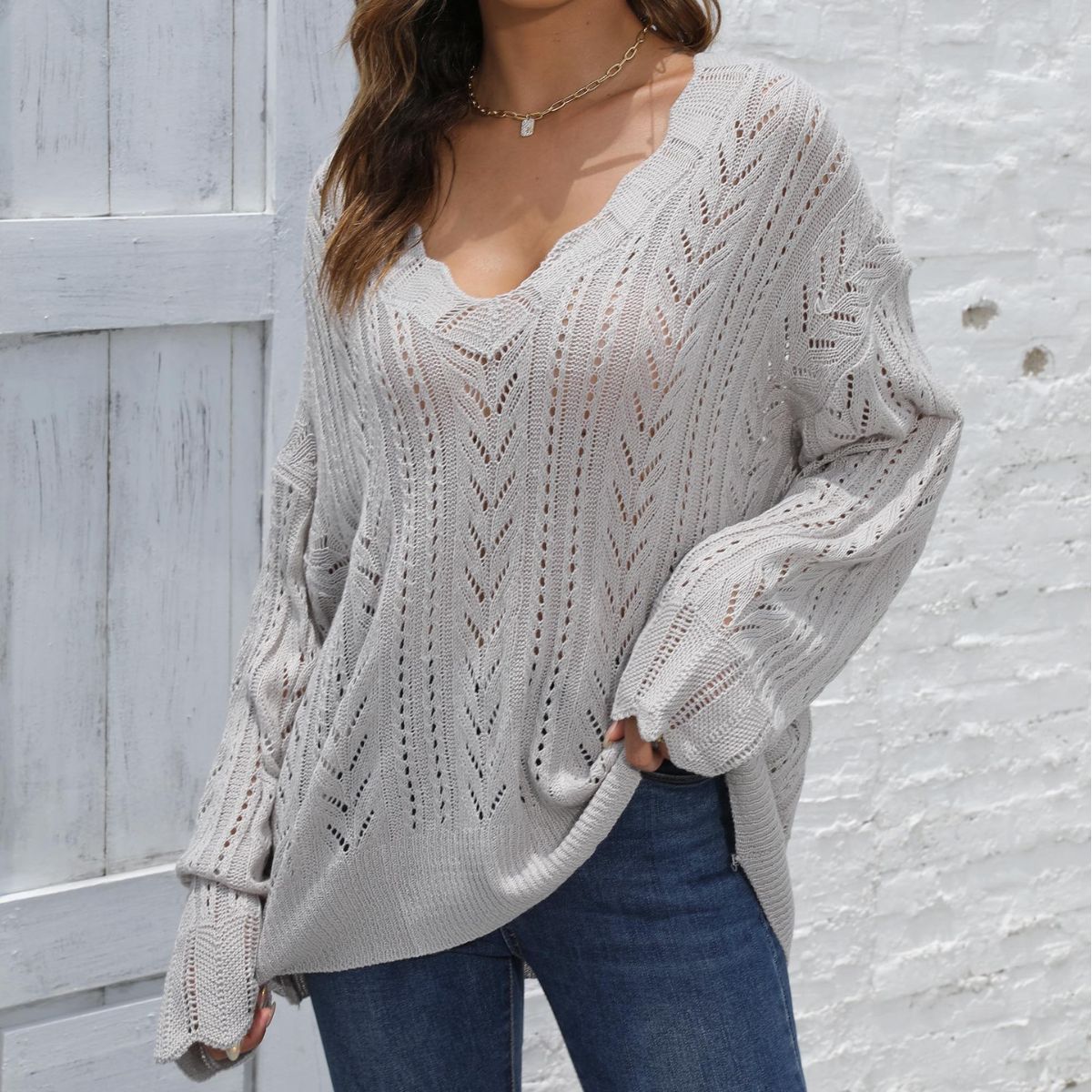 Lady Knit Sweater with Deep V-Neck, Loose Oversized Pullover, Hollow Weave Design