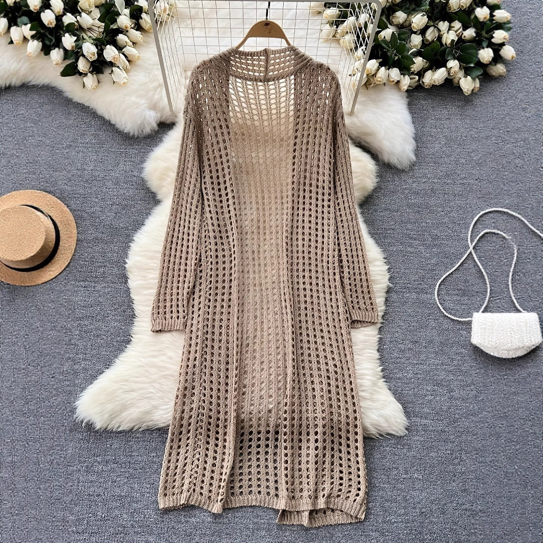 Style Spring Summer New Hollow-Out Design Casual Fashion Solid Color Loose Knit Cardigan Elegant Women's Outerwear