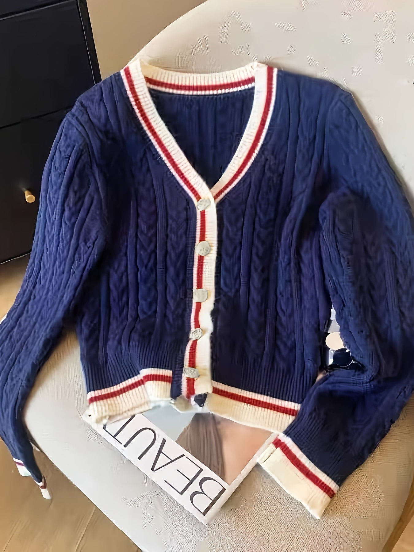 Autumn/Winter Women's V-Neck Color-Block  Button Knit Cardigan Elegant Knit Sweater