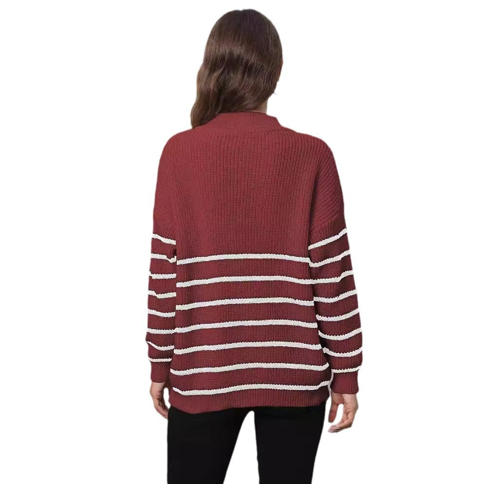 Lady Knit Sweater Machine-knitted Stripe Splicing Half-high Collar Zipper Loose Top Sweater