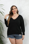 Women's Knitwear with Lace Patchwork V-Neck Pullover, Oversized Western Style Sweater
