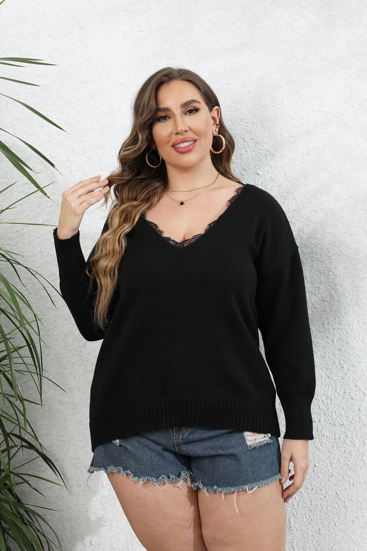 Women's Knitwear with Lace Patchwork V-Neck Pullover, Oversized Western Style Sweater
