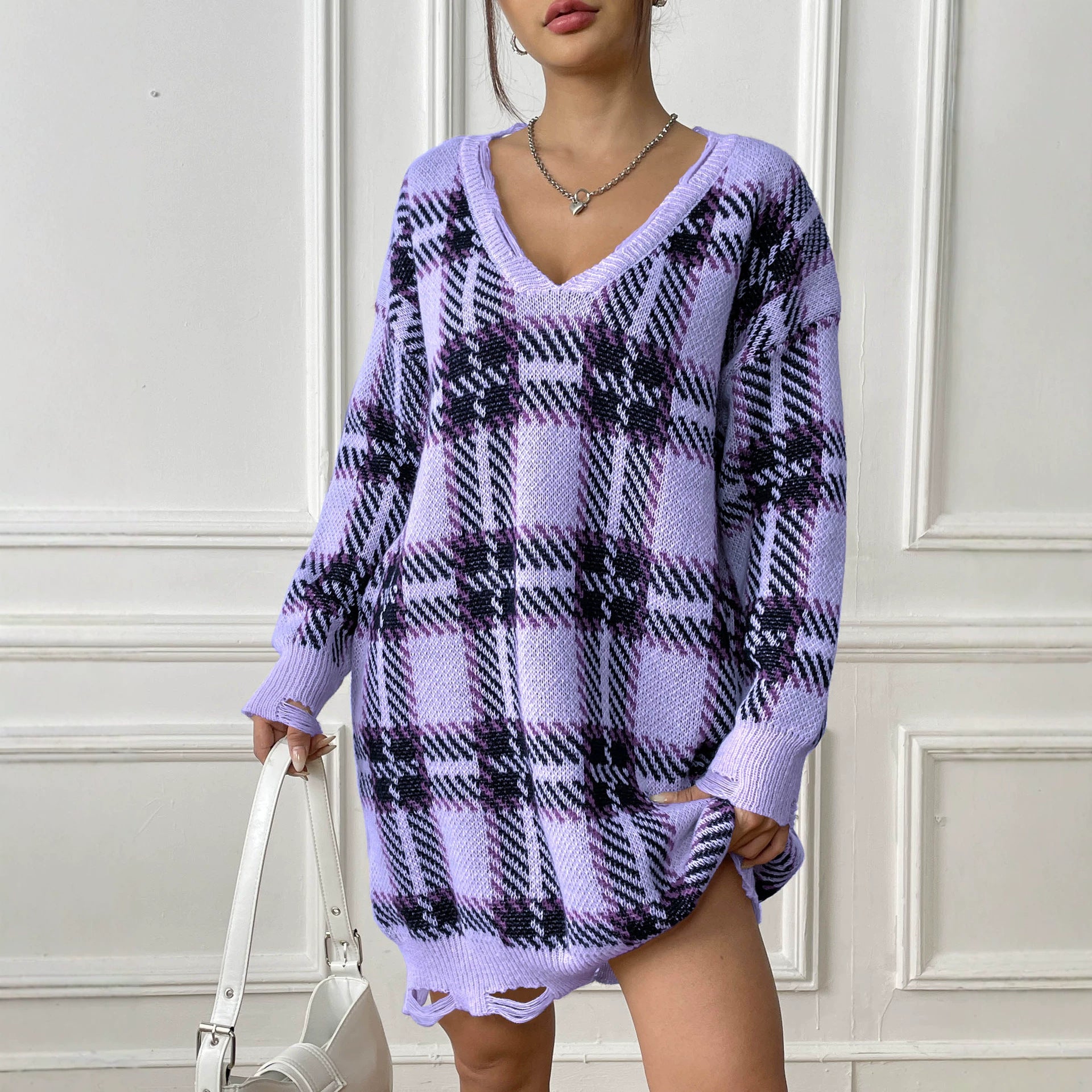 Chic Women's Knitted Dress Long Sleeve Color-block Plaid Dress