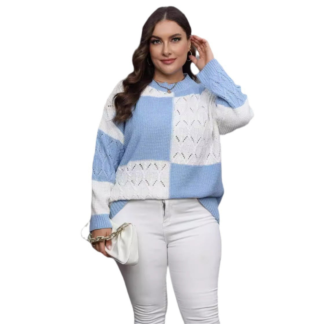 Women's Pullover Sweater with Color-blocked Patchwork Plaid Design