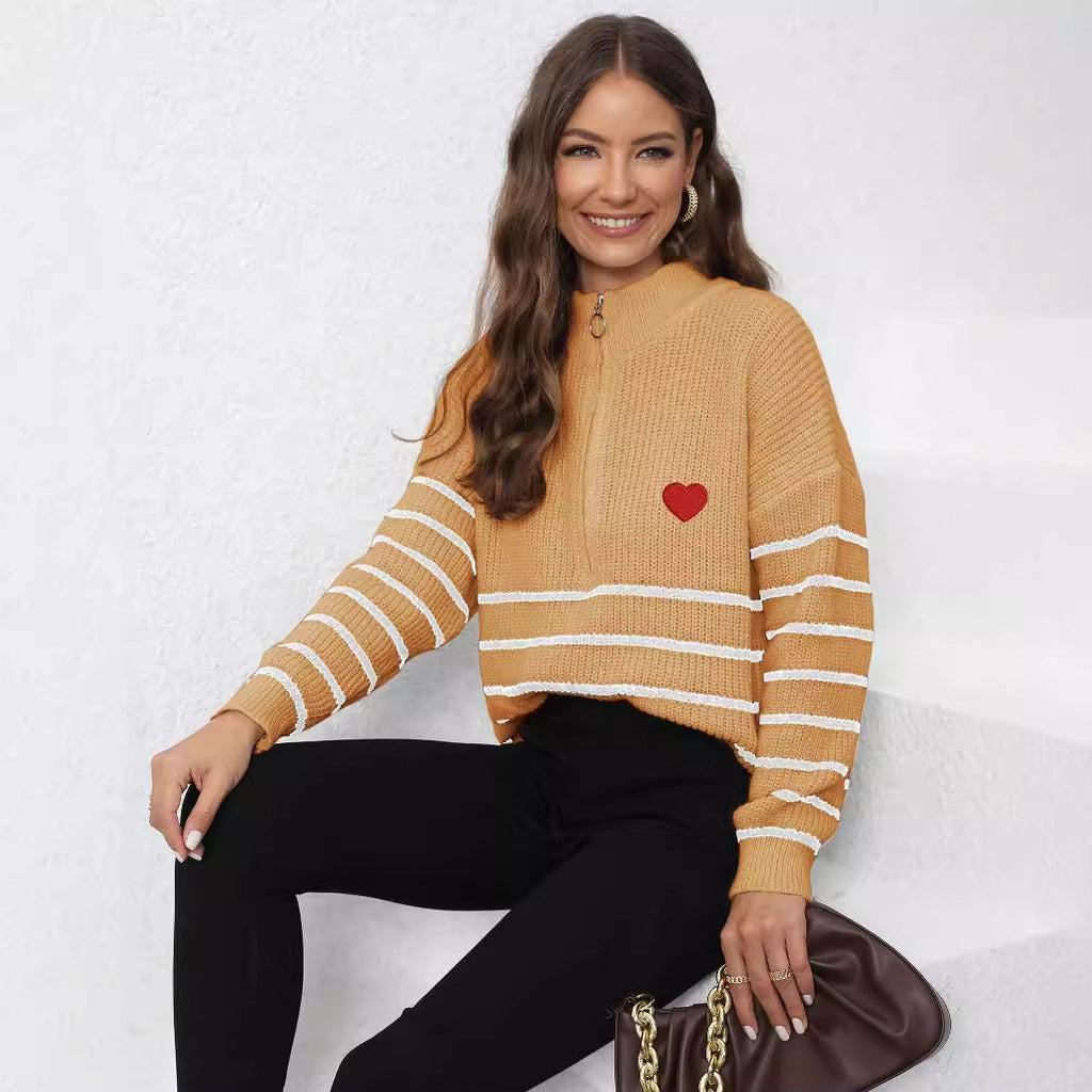 Lady Knit Sweater Machine-knitted Stripe Splicing Half-high Collar Zipper Loose Top Sweater